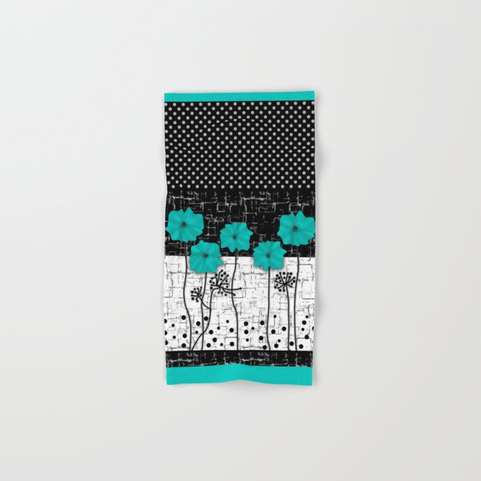 Turquoise flowers on black and white background . Hand & Bath Towel