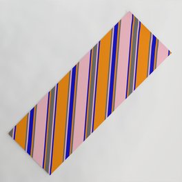 [ Thumbnail: Pink, Blue, Dark Orange, and Dim Gray Colored Pattern of Stripes Yoga Mat ]