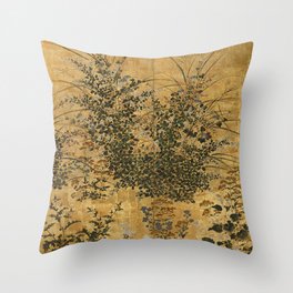 Vintage Japanese Floral Gold Leaf Screen With Morning Glory Throw Pillow