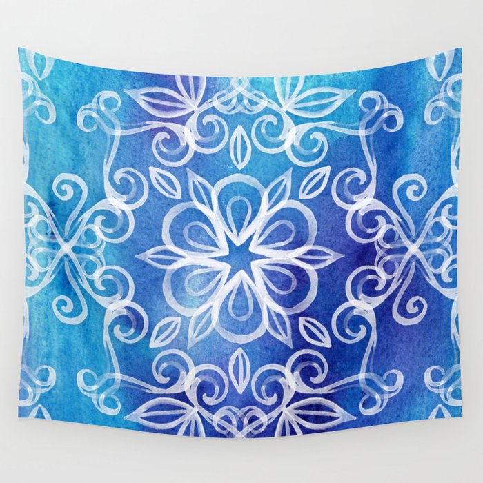 White Floral Painted Pattern on Blue Watercolor Wall Tapestry