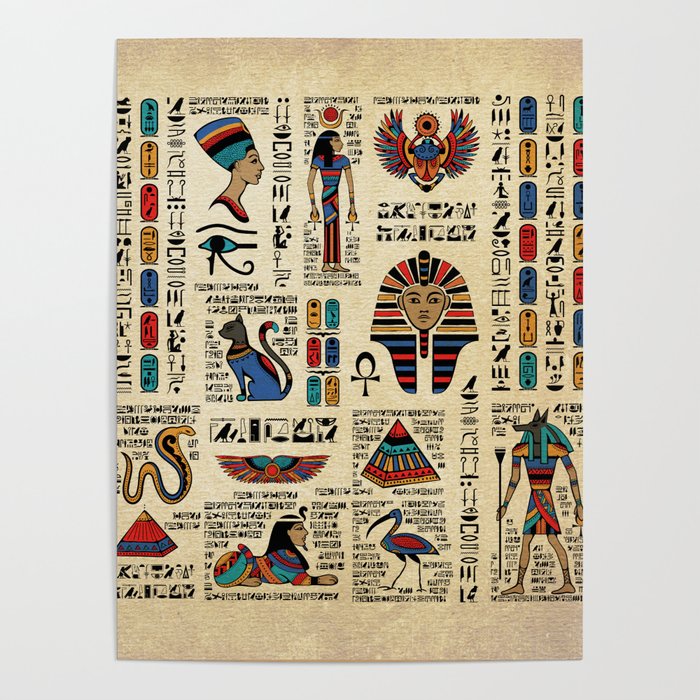 Egyptian hieroglyphs and deities on papyrus Poster