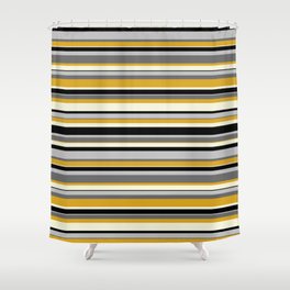 [ Thumbnail: Eyecatching Dim Grey, Goldenrod, Beige, Black & Grey Colored Pattern of Stripes Shower Curtain ]