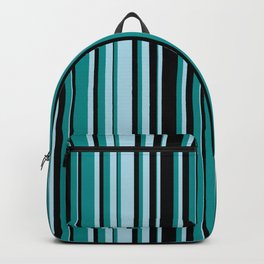 [ Thumbnail: Light Blue, Dark Cyan & Black Colored Striped Pattern Backpack ]