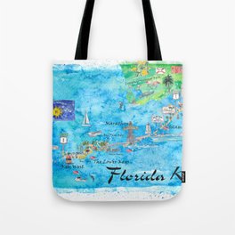 Florida Keys Key West Marathon Key Largo Illustrated Travel Poster Favorite Map Tourist Highlights Tote Bag