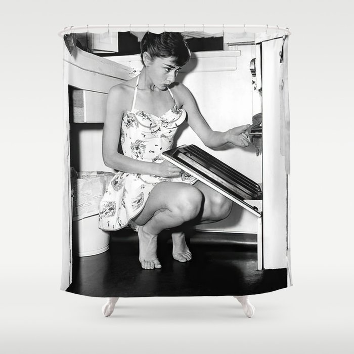Audrey Hepburn in Kitchen, Black and White Vintage Art Shower Curtain