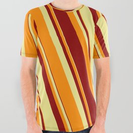 [ Thumbnail: Tan, Dark Orange, and Dark Red Colored Lined Pattern All Over Graphic Tee ]