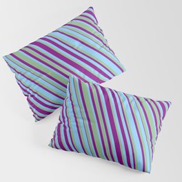 [ Thumbnail: Purple, Light Sky Blue & Dark Sea Green Colored Lined/Striped Pattern Pillow Sham ]