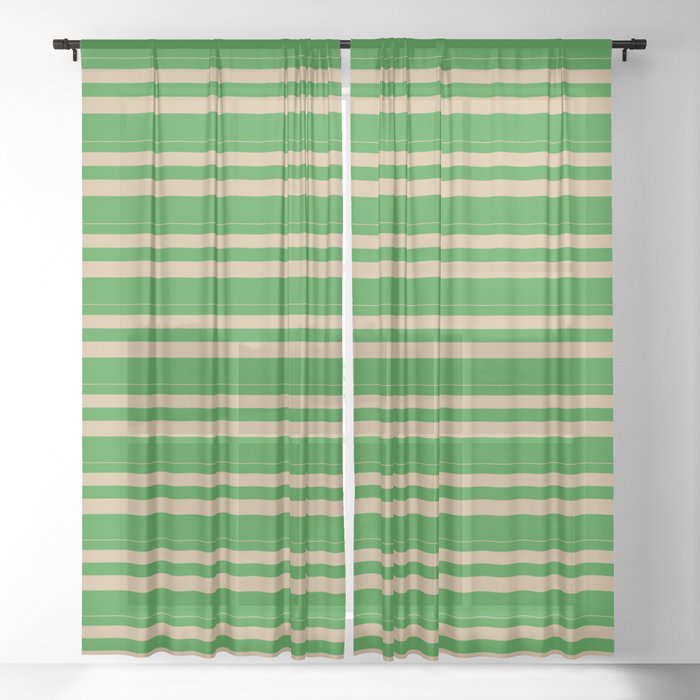 Tan & Forest Green Colored Lines Pattern Sheer Curtain