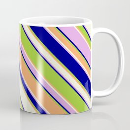 [ Thumbnail: Eyecatching Green, Brown, Beige, Plum & Blue Colored Stripes Pattern Coffee Mug ]