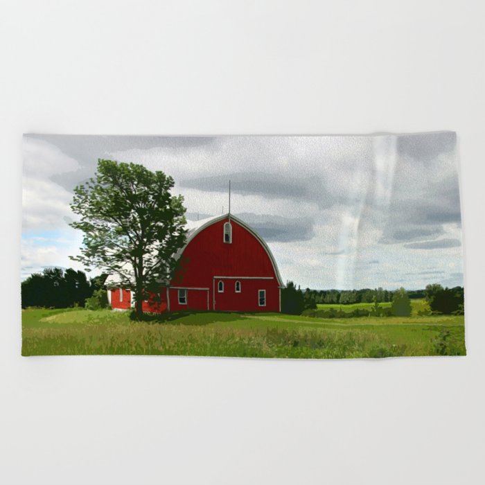 Rustic Red Barn And Verdant Green Fields Beach Towel By
