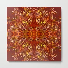 Earthy Red Mandala with Golden Flames Metal Print