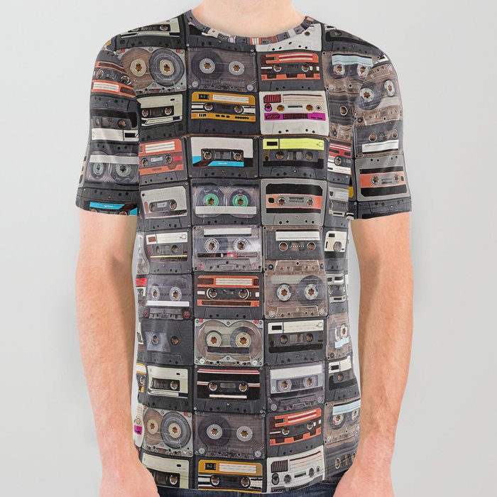 Huge collection of audio cassettes. Retro musical background All Over Graphic Tee