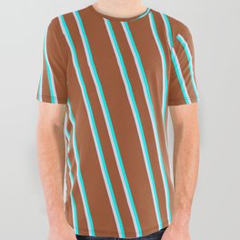 [ Thumbnail: Sienna, Cyan & Lavender Colored Lined Pattern All Over Graphic Tee ]