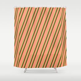 [ Thumbnail: Light Salmon, Lime Green, and Maroon Colored Lines/Stripes Pattern Shower Curtain ]