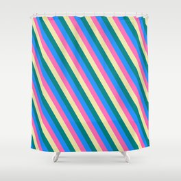 [ Thumbnail: Blue, Hot Pink, Pale Goldenrod, and Teal Colored Striped Pattern Shower Curtain ]