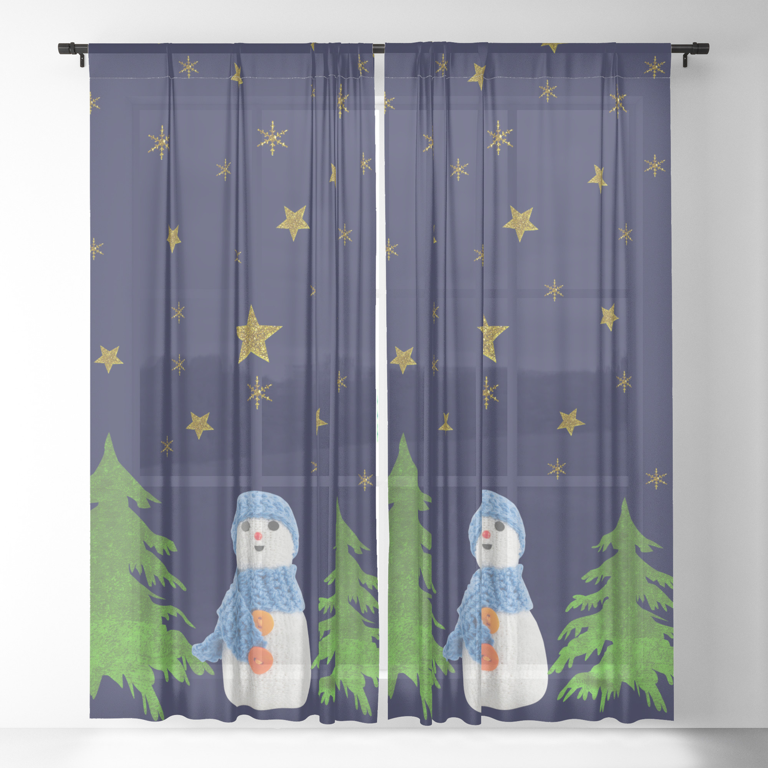Sparkly Gold Stars Snowman And Green Tree Sheer Curtain By