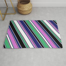 [ Thumbnail: Vibrant Orchid, Sea Green, Midnight Blue, White & Black Colored Lines Pattern Rug ]