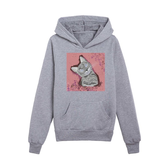 Watercolor Grey Cat - Pink Kids Pullover Hoodie