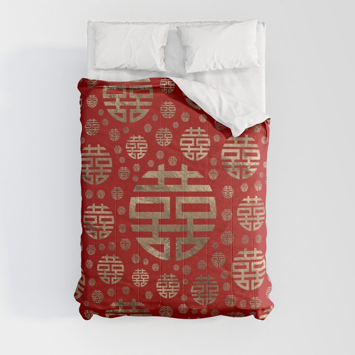 Double Happiness Symbol pattern - Gold on red Comforter