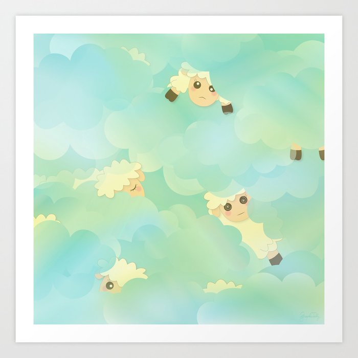 Heavenly Baby Sheep I - Mint Green, Baby Blue Colors Sky Background Art Print
