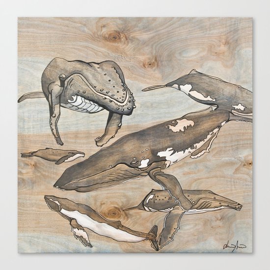 Whales. Ink and acrylic on birch. Canvas Print