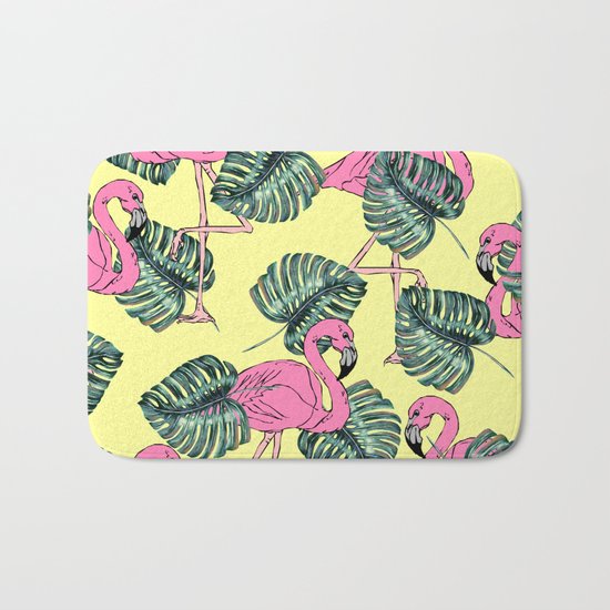 tropical leaves with flamingo Bath Mat