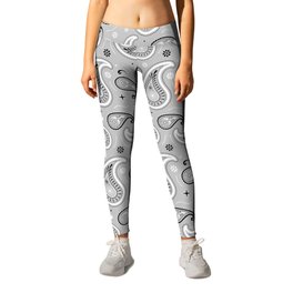 Black and White Paisley Pattern on Dark Light Grey Background Leggings