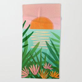 Tropical Views - Pink and Green Landscape Illustration Beach Towel