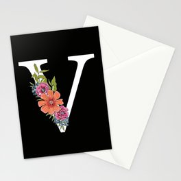 Monogram Letter V with Flowers Black background Stationery Cards