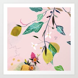 Loving Lemonade Art Print | Pink, Lemon, Digital, Pop Art, Graphicdesign, Leaves, Drawing, Flower, Floral, Illustration 