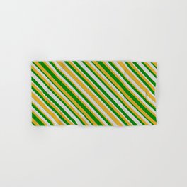 [ Thumbnail: Green, Light Gray, and Goldenrod Colored Striped Pattern Hand & Bath Towel ]