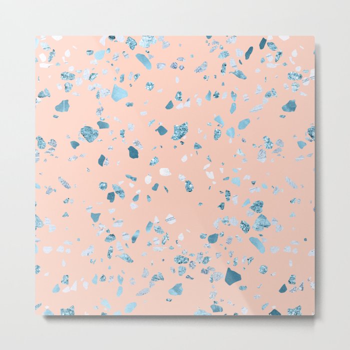 Turquoise Shimmery Terrazzo on Pink Metal Print