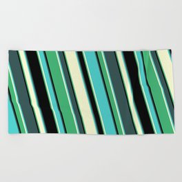 [ Thumbnail: Colorful Dark Slate Gray, Turquoise, Light Yellow, Sea Green, and Black Colored Lined Pattern Beach Towel ]