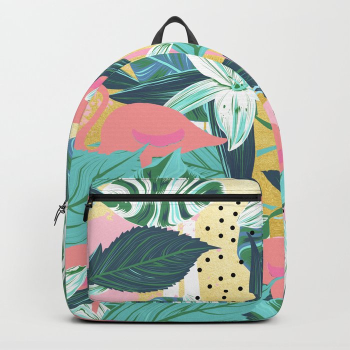 Flamingo Tropical, Colorful Modern Bohemian Eclectic Jungle Graphic Design, Blush Forest Gold Floral Backpack