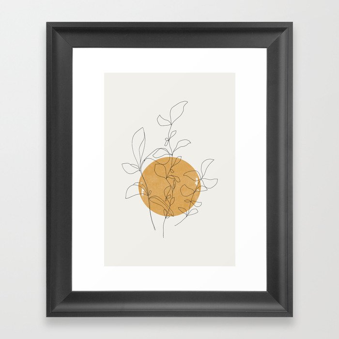 Yellow Sun and Flowers / Minimalist Line `Art  Framed Art Print