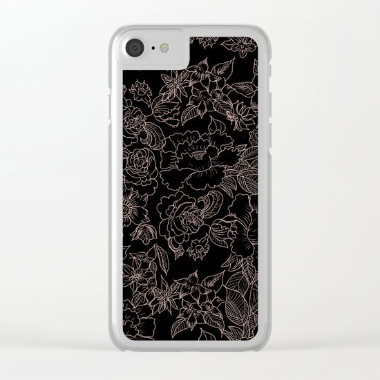 Pink coral tan black floral illustration pattern Clear iPhone Case