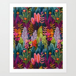 Digital Embroidery - Vibrant Tropical Flowers and Leaves Pattern Art Print
