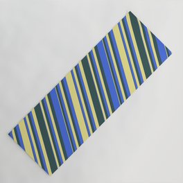 [ Thumbnail: Dark Slate Gray, Royal Blue, and Tan Colored Lined/Striped Pattern Yoga Mat ]