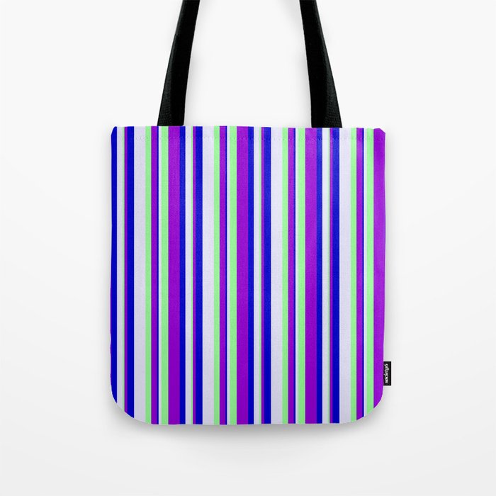 Lavender, Green, Dark Violet, and Blue Colored Lined/Striped Pattern Tote Bag