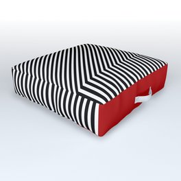 Geometric abstraction, black and white stripes, red square Outdoor Floor Cushion