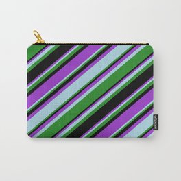 [ Thumbnail: Dark Orchid, Light Blue, Forest Green, and Black Colored Stripes/Lines Pattern Carry-All Pouch ]