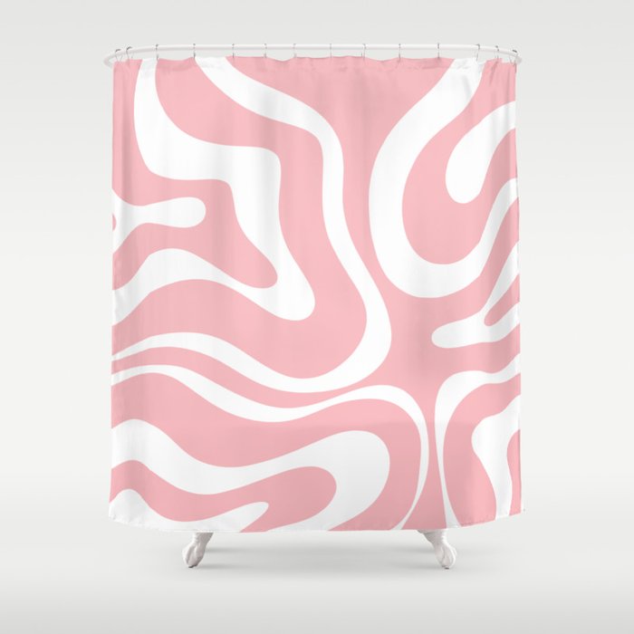 Modern Retro Liquid Swirl Abstract Pattern in Soft Pink Blush and White Shower Curtain