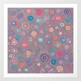 Colorful flowers pattern on pink Art Print