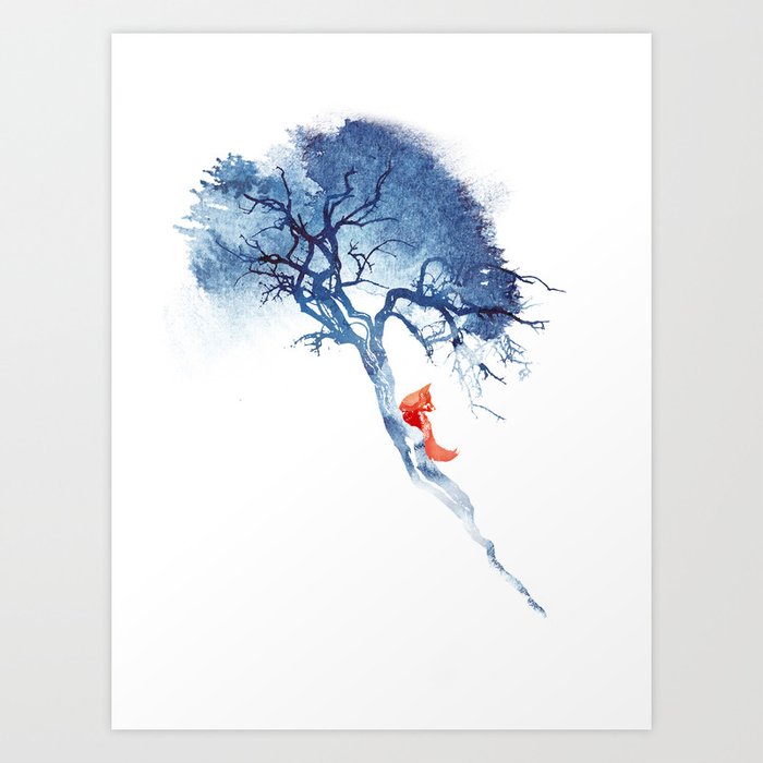 There's no way back Art Print | Painting, Animals, Landscape, Watercolor, Fox, Brain, Blue
