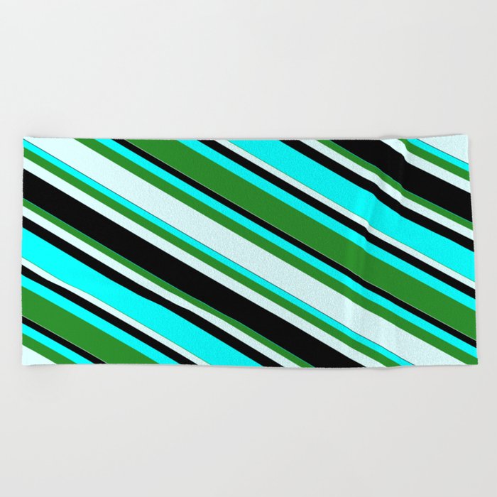 Aqua, Forest Green, Light Cyan, and Black Colored Lines/Stripes Pattern Beach Towel