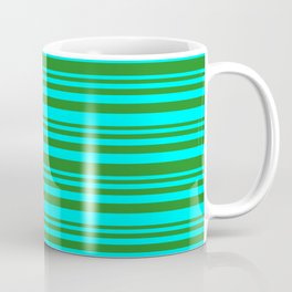 [ Thumbnail: Forest Green & Cyan Colored Striped Pattern Coffee Mug ]