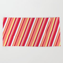 [ Thumbnail: Crimson, Light Cyan, Salmon & Tan Colored Stripes Pattern Beach Towel ]
