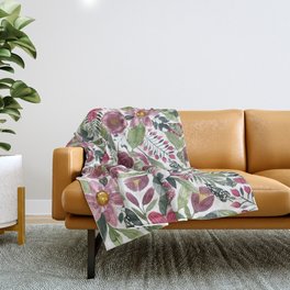 Mauve Pink Forest Green Watercolor Flowers Leaves Throw Blanket
