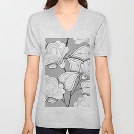 Seamless Monochrome Floral Pattern. Hand Drawn Floral Texture, Decorative Flowers V Neck T Shirt