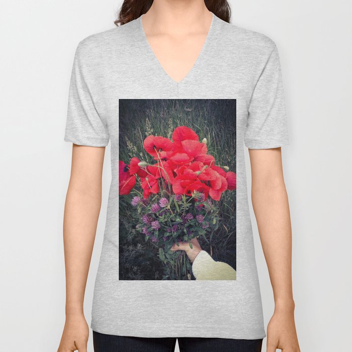 Summer red poppies and clover bloquet in woman's hand field essence V Neck T Shirt